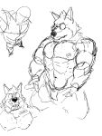  2023 anthro black_nose canid canine canis digital_media_(artwork) hi_res male mammal monapic_chang muscular muscular_anthro muscular_male navel nipples simple_background sketch solo subaru_(monapic_chang) teeth white_background wolf 