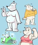  anthro areola bear big_penis blue_background blush bottomwear bra breasts clothed clothing ear_piercing evelyn_(sff) flaccid fur genitals gynomorph happy hi_res intersex jeridoovevo mammal medium_breasts muscular muscular_anthro muscular_intersex nails nipple_outline nipples nude pants penis piercing polar_bear sharp_nails simple_background smile solo super_fuck_friends sweater topwear trans_(lore) trans_woman_(lore) underwear ursine white_body white_fur 