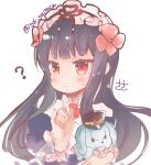  1girl ? artist_name black_hair blunt_bangs blush closed_mouth collared_shirt flower frilled_hairband frills hair_flower hair_ornament hairband hat hug kageuchi_suishinshi_masahide_(child)_(tenka_hyakken) long_hair looking_at_viewer peaked_cap pinky_out raised_eyebrows red_eyes shirt solo ssk_sasasa stuffed_animal stuffed_rabbit stuffed_toy tenka_hyakken twitter_username upper_body white_background 