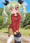  1girl anchovy_(girls_und_panzer) black_ribbon blue_sky blurry blurry_background brown_eyes brown_shorts casual cloud commentary dated day depth_of_field drawstring drill_hair girls_und_panzer green_hair grin hair_ribbon highres holding hood hood_down hoodie jug_(bottle) long_hair looking_at_viewer marinba_(bell_yamashige) outdoors outline pantyhose pantyhose_under_shorts red_hoodie ribbon shorts sky smile solo standing sweat trembling twin_drills twintails twitter_username white_outline white_pantyhose 