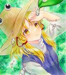  1girl alto2019 blonde_hair blue_vest hair_ribbon hand_on_own_head hat marker_(medium) moriya_suwako red_ribbon ribbon sample_watermark shirt solo touhou traditional_media vest water_drop watermark white_shirt wide_sleeves yellow_eyes 