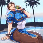  1girl bracelet breasts brown_hair bun_cover china_dress chinese_clothes chun-li double_bun dress drink drinking hair_bun highres holding holding_drink jewelry large_breasts muscular muscular_female ogami pantyhose pelvic_curtain short_hair sitting solo spiked_bracelet spikes street_fighter thick_thighs thighs 