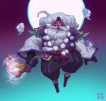  1boy absurdres artist_name bard_(league_of_legends) beard black_headwear black_pants facial_hair ghost green_background grey_hair highres holding holding_weapon jacket jewelry league_of_legends long_beard long_hair long_sleeves magic mask moon necklace pants pink_background sandals socks solo spirit_blossom_(league_of_legends) striped striped_pants timo_(timotimo628) weapon white_jacket 