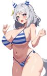  1girl :d alternate_breast_size alternate_costume animal_ears ass bikini blue_bikini blush breasts brown_eyes cleavage clenched_hands collarbone commentary cowboy_shot curvy ear_covers ear_ribbon from_side front-tie_bikini_top front-tie_top grey_hair halterneck hands_up happy highleg highleg_bikini highres hishi_miracle_(umamusume) horse_ears horse_girl horse_tail huge_breasts looking_at_viewer medium_hair micro_bikini navel open_mouth parted_bangs ribbon shiny_skin side-tie_bikini_bottom sideboob simple_background smile solo standing stomach string_bikini striped striped_bikini swept_bangs swimsuit tail teeth thick_thighs thighs umamusume underboob upper_teeth_only white_background white_bikini yellow_ribbon zukanosuke 