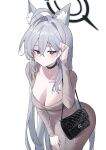  1girl absurdres alternate_costume animal_ear_fluff animal_ears black_choker blue_archive blush breasts choker cleavage collarbone danbal dress extra_ears grey_dress grey_hair halo highres large_breasts leaning_forward long_hair looking_at_viewer shiroko_(blue_archive) shiroko_terror_(blue_archive) simple_background solo straight_hair sweatdrop very_long_hair white_background wolf_ears 