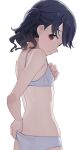  1girl adjusting_clothes adjusting_panties bare_arms bare_shoulders black_hair blush bra closed_mouth commentary flat_chest from_behind fukumaru_koito highres hiroki_(yyqw7151) idolmaster idolmaster_shiny_colors looking_at_viewer looking_back medium_hair panties red_eyes simple_background solo underwear underwear_only wavy_mouth white_background white_bra white_panties 
