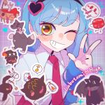  1girl angela_(project_moon) black_hairband blue_hair blush_stickers character_request coat collared_shirt commentary english_commentary grin hairband hand_up heart heart_hairband highres lab_coat lobotomy_corporation long_hair looking_at_viewer nail_polish necktie one_eye_closed pink_nails project_moon purikura red_necktie shirt smile teeth tomatomari upper_body very_long_hair w white_coat white_shirt yellow_eyes 