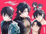 2boys ahoge armor black_hair black_shirt blade_(honkai:_star_rail) blue_eyes brown_shirt closed_mouth coat commentary_request constellation_print crossed_bangs dan_heng_(honkai:_star_rail) earrings hair_between_eyes hair_over_one_eye honkai:_star_rail honkai_(series) jewelry long_hair long_sleeves looking_at_another looking_at_viewer male_focus mandarin_collar matsuki_tou multiple_boys open_clothes open_coat pink_background red_eyes sarashi shirt short_hair shoulder_armor simple_background single_earring smile sweatdrop translation_request two-tone_shirt v-shaped_eyebrows white_coat zipper 
