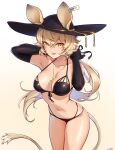  1girl absurdres animal_ears arknights armpits bikini black_bikini black_gloves black_headwear blonde_hair breasts character_name collarbone cowboy_shot dorothy_(arknights) elbow_gloves front-tie_bikini_top front-tie_top gloves hands_up hat highres jewelry large_breasts lips long_hair looking_at_viewer low_ponytail lunn mouse_ears mouse_girl mouse_tail name_tag navel necklace parted_lips simple_background solo standing swimsuit tail very_long_hair white_background 