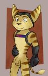  abstract_background absurd_res anthro bottomless brown_body brown_fur clothed clothing flaccid foreskin fur genitals gloves green_eyes grin handwear harness hat headgear headwear hi_res led_light lombax looking_at_viewer male mammal penis ratchet ratchet_and_clank smile solo sony_corporation sony_interactive_entertainment stripes tail tail_tuft tuft tuubi 