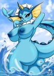  2023 anthro anthrofied areola artist_name bedroom_eyes big_breasts big_butt black_eyebrows black_eyelashes black_nose black_pupils blue_areola blue_body blue_nipples blue_sclera blue_skin blue_tongue breasts butt cloud day digital_media_(artwork) eeveelution eyebrows eyelashes female fin fingers frill_(anatomy) generation_1_pokemon hand_behind_head head_crest head_fin head_frill hi_res looking_at_viewer narrowed_eyes neck_frill nintendo nipples nude open_mouth outside pixi_mikuxxx pokemon pokemon_(species) pokemorph pose pupils seductive sky solo standing tail tail_fin tail_spines thick_thighs tongue vaporeon water white_eyes 