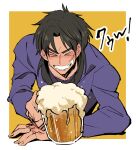  &gt;_&lt; 1boy alcohol beer beer_mug black_hair closed_eyes commentary_request cup grin highres inudori itou_kaiji kaiji long_hair long_sleeves male_focus medium_bangs mug purple_shirt scar scar_on_cheek scar_on_face shirt smile solo two-tone_background upper_body white_background yellow_background 