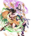  2girls bare_shoulders breasts brown_hair cleavage detached_sleeves ekao feathers fire_emblem fire_emblem_fates fire_emblem_heroes geta hair_over_one_eye hand_fan hand_up highres holding japanese_clothes jewelry kagero_(fire_emblem) kimono large_breasts legs long_hair midriff multiple_girls navel necklace non-web_source official_art open_mouth orochi_(fire_emblem) parted_lips ponytail purple_eyes purple_hair red_eyes sandals short_kimono side_slit skirt smile stomach teeth toeless_footwear toenails toes transparent_background wide_sleeves wind 