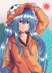  1girl adjusting_clothes adjusting_headwear angel_wings blue_hair cosplay dizzy_(guilty_gear) feathered_wings green_wings guilty_gear guilty_gear_strive guilty_gear_xrd hair_rings hat_ornament highres hood hoodie long_hair looking_at_viewer mariebell may_(guilty_gear) may_(guilty_gear)_(cosplay) orange_eyes orange_headwear orange_hoodie ribbon skull_and_crossbones skull_hat_ornament wings yellow_ribbon 