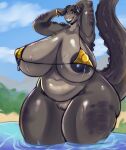  absurd_res anthro areola bethesda_softworks big_breasts bikini bikini_top bottomless breasts clothed clothing deathclaw dovecake fallout female genitals hi_res huge_breasts nipple_outline pussy scalie swimwear thick_thighs 