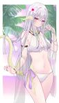  1girl au_ra bangle bare_shoulders bikini blush border bracelet breasts cleavage closed_mouth commentary dragon_girl dragon_horns dragon_tail final_fantasy final_fantasy_xiv flower grey_hair hair_between_eyes hair_flower hair_ornament hand_in_own_hair hand_up heterochromia highres horns jewelry large_breasts long_hair navel necklace outside_border palm_tree pink_eyes pink_nails pink_sky purple_eyes scales sidelocks sky solo standing stomach suineco swimsuit symbol-only_commentary tail tree warrior_of_light_(ff14) white_bikini white_border 