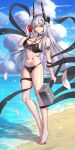  1girl apple arknights bare_legs bare_shoulders barefoot beach bikini black_bikini black_choker blue_sky bowlp breasts choker cleavage cloud commentary_request day food fruit full_body grey_hair hammer hand_up highres holding holding_food holding_fruit holding_hammer holding_weapon horns infection_monitor_(arknights) large_breasts mudrock_(arknights) mudrock_(silent_night)_(arknights) navel ocean pointy_ears red_eyes shawl sky solo standing stomach swimsuit thighs water weapon 