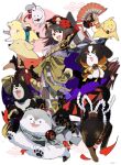  1girl animal animal_ears black_hair dog dog_ears dog_girl fate/grand_order fate_(series) fingerless_gloves flower gloves hair_flower hair_ornament highres japanese_clothes kimono kyokutei_bakin_(fate) looking_at_viewer multicolored_clothes open_mouth partially_fingerless_gloves pirohi_(pirohi214) red_eyes solo wide_sleeves 