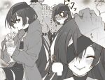  1boy 1girl bare_shoulders blush breasts chaldea_uniform closed_eyes closed_mouth cup drinking_glass drinking_straw eyepatch fate/grand_order fate_(series) fishnets fujimaru_ritsuka_(male) greyscale headpat highres jacket long_hair long_sleeves mitsurugi_sugar mochizuki_chiyome_(fate) monochrome multiple_views short_hair small_breasts smile tearing_up thigh_strap translation_request very_long_hair 