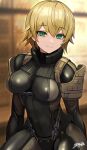  1girl :3 blonde_hair bodysuit breasts commission frogs_(metal_gear) green_eyes highres looking_at_viewer medium_breasts metal_gear_(series) metal_gear_solid metal_gear_solid_4:_guns_of_the_patriots original short_hair signature sitting skeb_commission skin_tight smile solo sunao_(70_the) 