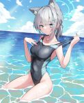  1girl absurdres animal_ear_fluff animal_ears black_one-piece_swimsuit blue_archive blue_eyes blue_sky breasts clothes_pull cloud competition_swimsuit covered_navel cross_hair_ornament day extra_ears grey_hair hair_ornament halo highres horizon looking_at_viewer low_ponytail medium_breasts medium_hair mismatched_pupils monukeke multicolored_clothes multicolored_swimsuit ocean official_alternate_costume one-piece_swimsuit one-piece_swimsuit_pull outdoors shiroko_(blue_archive) shiroko_(swimsuit)_(blue_archive) sitting sky solo swimsuit wolf_ears 