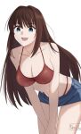  1girl alternate_costume aozaki_aoko bikini bikini_under_shorts blue_eyes breasts brown_hair cleavage collarbone commentary_request denim hair_intakes highres large_breasts long_hair looking_at_viewer mahou_tsukai_no_yoru navel open_mouth red_bikini shintyoi2 short_shorts shorts simple_background smile solo swimsuit very_long_hair white_background 