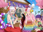  2boys 3girls apple7apo asymmetrical_bangs black_cape black_hair cape cloud dango day earrings eating food gordon_(one_piece) grey_hair hair_bun hair_ornament hair_over_one_eye hair_rings hakama headphones highres holding holding_food hoop_earrings horns japanese_clothes jewelry kimono long_hair momonosuke_(one_piece) multicolored_hair multiple_boys multiple_girls old old_man one_eye_covered one_piece one_piece_film:_red oni_horns open_mouth outdoors purple_hair scar sky smile streaked_hair sunglasses tama_(one_piece) traditional_clothes twintails two-tone_hair uta_(one_piece) wagashi yamato_(one_piece) 