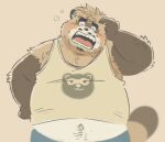  2023 anthro blush brown_body brown_fur canid canine clothing crave_saga eyes_closed fur garouzuki hi_res kemono male mammal overweight overweight_male pong_(crave_saga) raccoon_dog shirt simple_background solo tanuki topwear 