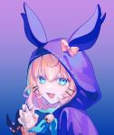  1girl animal_hood bell black_eyes blonde_hair blue_eyes blue_nails blue_ribbon bow cat claw_pose colored_sclera fangs hair_between_eyes highres hood looking_at_viewer lucie_(millie_parfait) millie_parfait nail_polish nijisanji nijisanji_en orange_sclera orange_sweater ribbed_sweater ribbon senmi_(vvv_1864) short_hair smile solo sweater virtual_youtuber yellow_bow 