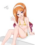  1girl absurdres alternate_breast_size bikini breasts dated drill_hair feet_out_of_frame gold_bikini gradient_hair hairband highres kantai_collection long_hair maru_(marg0613) multicolored_hair orange_hair purple_eyes purple_hair side-tie_bikini_bottom simple_background small_breasts solo swimsuit twitter_username waving white_background white_hairband yuugure_(kancolle) 