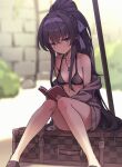 1girl bags_under_eyes bikini black_bikini black_hair blue_archive blush book breasts cardigan day grey_cardigan hairband holding holding_book long_hair looking_at_viewer off_shoulder outdoors ponytail purple_hairband ryuinu sitting small_breasts solo suitcase sunlight swimsuit ui_(blue_archive) ui_(swimsuit)_(blue_archive) very_long_hair 