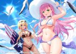  2girls azur_lane bare_shoulders bikini bird blonde_hair blue_eyes blue_sky breasts cleavage cloud cloudy_sky eyewear_on_head food green_eyes hat highres holding holding_clothes holding_food holding_hat holding_ice_cream ice_cream large_breasts long_hair looking_at_viewer marblehead_(azur_lane) memphis_(azur_lane) multicolored_hair multiple_girls navel official_art open_mouth outdoors pink_hair short_hair_with_long_locks silveroid sky smile sunglasses sunlight swimsuit tan two-tone_hair water_drop white_headwear 