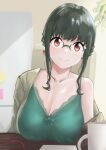  1girl absurdres anosillus_ii anosillus_ii_(private_time) azur_lane black_hair breast_rest breasts camisole cleavage glasses green_camisole gridman_universe highres huge_breasts looking_at_viewer red_eyes round_eyewear single_bare_shoulder smile solo ssss.dynazenon upper_body 