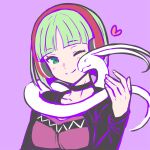  1girl blush choker cropped_jacket green_eyes green_hair headphones heart light_green_hair meuniel one_eye_closed phonon_(under_night_in-birth) purple_background short_hair simple_background smile snake tb_(spr1110) under_night_in-birth under_night_in-birth_exe:late[st] 