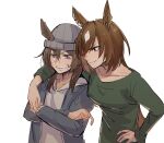  2girls animal_ears arm_on_another&#039;s_shoulder beanie brown_hair collarbone crossed_arms ear_ornament ears_through_headwear green_sweater grey_headwear grey_jacket grin hair_between_eyes hat highres hood hoodie horse_ears horse_girl jacket jingo_kajiki long_hair long_sleeves looking_down multiple_girls nakayama_festa_(umamusume) open_clothes open_jacket purple_eyes red_eyes sidelocks simple_background sirius_symboli_(umamusume) sketch smile sweater umamusume v-shaped_eyebrows white_background white_hair white_hoodie 