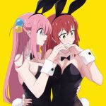  2girls animal_ears artist_name black_bow black_bowtie black_leotard blue_eyes bocchi_the_rock! bow bowtie breasts breasts_squeezed_together cleavage commentary cube_hair_ornament detached_collar fake_animal_ears from_side gotoh_hitori green_eyes hair_between_eyes hair_ornament hand_on_another&#039;s_hip hands_up highres inkspirate instagram_username kita_ikuyo large_breasts leotard long_hair looking_to_the_side multiple_girls one_side_up pink_hair playboy_bunny profile red_hair smile strapless strapless_leotard yellow_background 