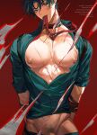  1boy arms_behind_back bara bound cross_scar earrings genshin_impact highres jewelry large_pectorals looking_at_viewer male_focus male_pubic_hair nipples open_clothes open_shirt pectorals penis penis_peek pubic_hair red_background scar scar_on_chest scar_on_face short_hair solo tianxiaoye_ansel.s upper_body wriothesley_(genshin_impact) 