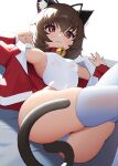  1girl :3 animal_ear_fluff animal_ears arm_up armpits ass bare_shoulders bell breasts brown_hair cat_ears cat_girl cat_tail closed_mouth collar commission covered_navel fang highleg highleg_swimsuit highres jacket jingle_bell legs_up long_sleeves looking_at_viewer lying migu_(iws2525) mole mole_on_ass mole_under_eye off_shoulder on_back one-piece_swimsuit open_clothes open_jacket original prunechi reclining red_collar red_eyes red_jacket revision see-through short_hair simple_background skindentation small_breasts smile solo swimsuit tail thighhighs thighs wet wet_clothes wet_swimsuit white_background white_one-piece_swimsuit white_thighhighs 