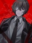  1boy bandaid bandaid_on_face brown_eyes brown_hair bungou_stray_dogs dazai_osamu_(bungou_stray_dogs) dress_shirt gauze_on_cheek highres injury necktie red_background rui_hokori shirt suit wavy_hair 