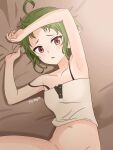  1girl armpits arms_up camisole elf green_hair highres light_blush looking_at_viewer lying mushoku_tensei navel no_pants on_back pointy_ears red_eyes sheet_grab short_hair solo sylphiette_(mushoku_tensei) tledoujin 