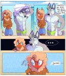  abs anthro armpit_hair beach blush body_hair canid canine canis clothed clothing comic deer duo heresvix hi_res male mammal muscular muscular_male pecs seaside topless undressed wolf 