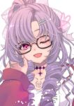  1girl ;d black-framed_eyewear blush bow drill_hair glasses hair_bow hair_ornament hairclip heart highres hyakumantenbara_salome hyakumantenbara_salome_(1st_costume) jacket long_hair nijisanji one_eye_closed open_clothes open_jacket purple_eyes purple_hair ryokka shirt smile solo virtual_youtuber white_shirt 