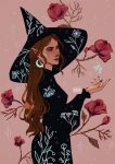  1girl artist_logo black_dress black_headwear brown_hair commentary crescent crescent_earrings dress earrings elithien english_commentary flat_color flower from_side hat highres jewelry long_hair looking_at_viewer nail_polish original pointy_ears solo witch witch_hat 