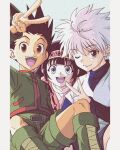  1other 2boys :d absurdres alluka_zoldyck enoki_(gongindon) gon_freecss highres hunter_x_hunter killua_zoldyck looking_at_viewer male_child male_focus multiple_boys one_eye_closed selfie shirt short_hair shorts siblings simple_background smile spiked_hair v 