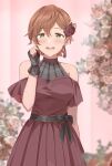  1girl arm_behind_back bare_shoulders black_bow blurry blurry_background blurry_foreground bow brown_hair dot_nose dress duffy earrings fingerless_gloves flower gloves green_eyes hair_flower hair_ornament highres holding idolmaster idolmaster_cinderella_girls idolmaster_cinderella_girls_starlight_stage jewelry lace looking_at_viewer open_mouth pink_background red_dress rose short_hair smile solo waist_bow yoshioka_saki 