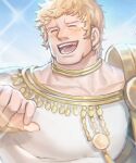  1boy :d ^_^ alternate_costume bara blonde_hair blue_sky blush closed_eyes collar dancer dancer_(three_houses) fire_emblem fire_emblem:_three_houses highres ina_zuma jewelry large_pectorals male_focus mature_male messy_hair muscular muscular_male necklace open_mouth pectorals raphael_kirsten short_hair sideburns sky smile solo 