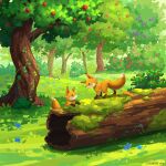  animal bush day flower food fox fruit fruit_tree highres light log moss no_humans original shadow sunlight sunrise_arte tree tree_shade 