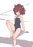  1girl :p ahoge barefoot blush brown_hair casual_one-piece_swimsuit commentary_request flat_chest grey_one-piece_swimsuit headgear highres knee_up looking_at_viewer one-piece_swimsuit red_eyes short_hair sitting smile solo swimsuit tongue tongue_out touhoku_kiritan voiceroid white_background yamamomo_(plank) 