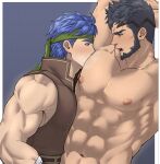  2boys arms_up bara black_hair blue_hair blush eye_contact face_in_armpit fire_emblem fire_emblem:_path_of_radiance fire_emblem:_radiant_dawn from_side full_beard highres ike_(fire_emblem) implied_handjob large_pectorals looking_at_another male_focus mature_male mauvier_(fire_emblem) multiple_boys muscular muscular_male nipples out-of-frame_censoring paid_reward_available pectorals profile short_hair sidepec smelling_armpit sparse_chest_hair thick_beard thick_eyebrows wyatt_wu1020 yaoi 