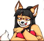  anthro beryl_a_wu_(skulkin) black_hair bracelet canid canine female fox gold_(metal) gold_tooth hair jewelry leaning leaning_forward licking_teeth mammal orange_body red_eyes solo tongue tongue_out unknown_artist wristband 